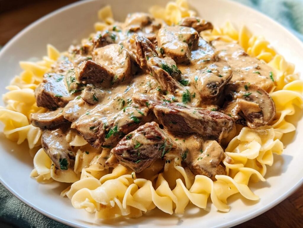 Mouthwatering leftover prime rib stroganoff served over egg noodles, rich with creamy mushroom sauce.