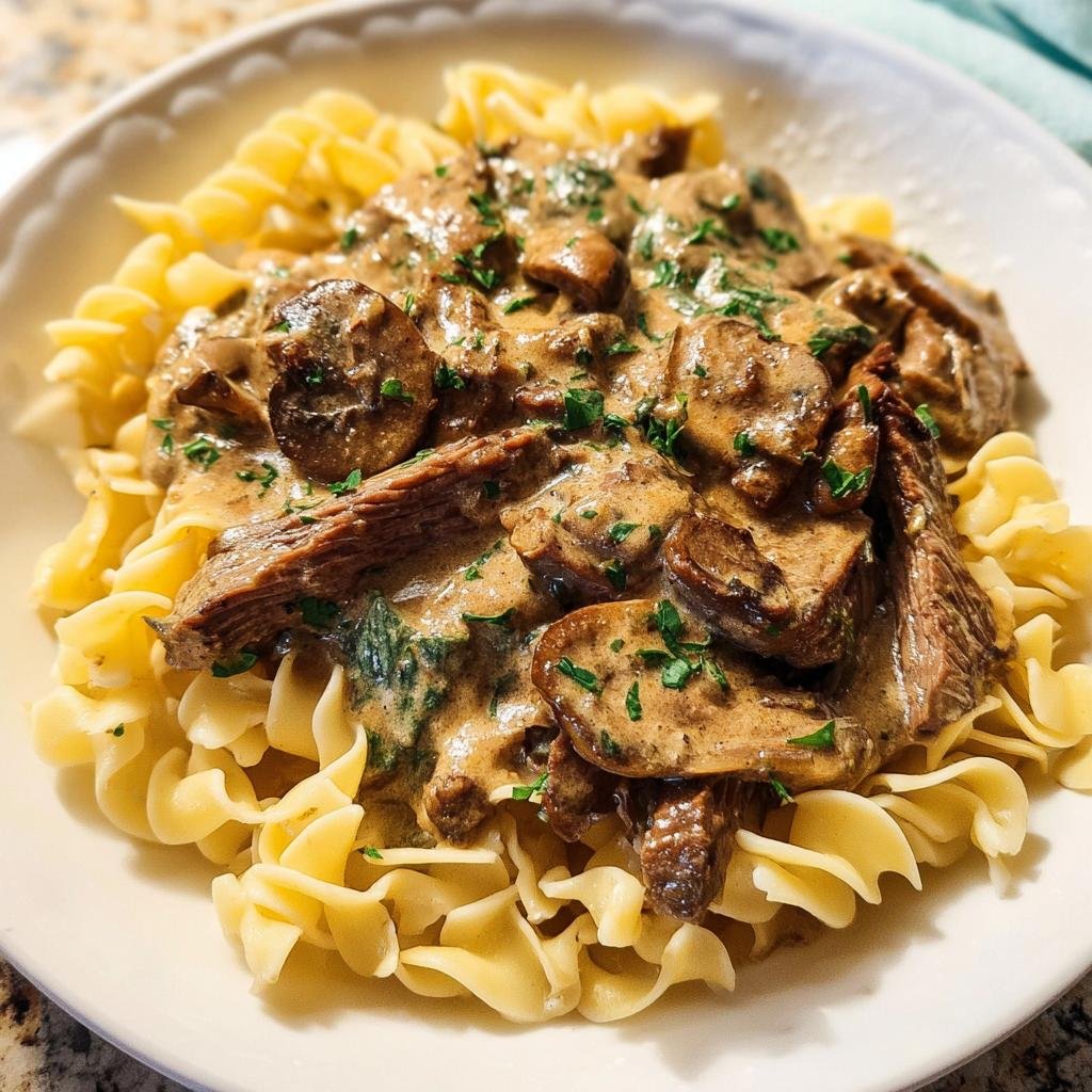 A creamy mushroom sauce with slices of leftover prime rib served over egg noodles, a great way to use leftovers.