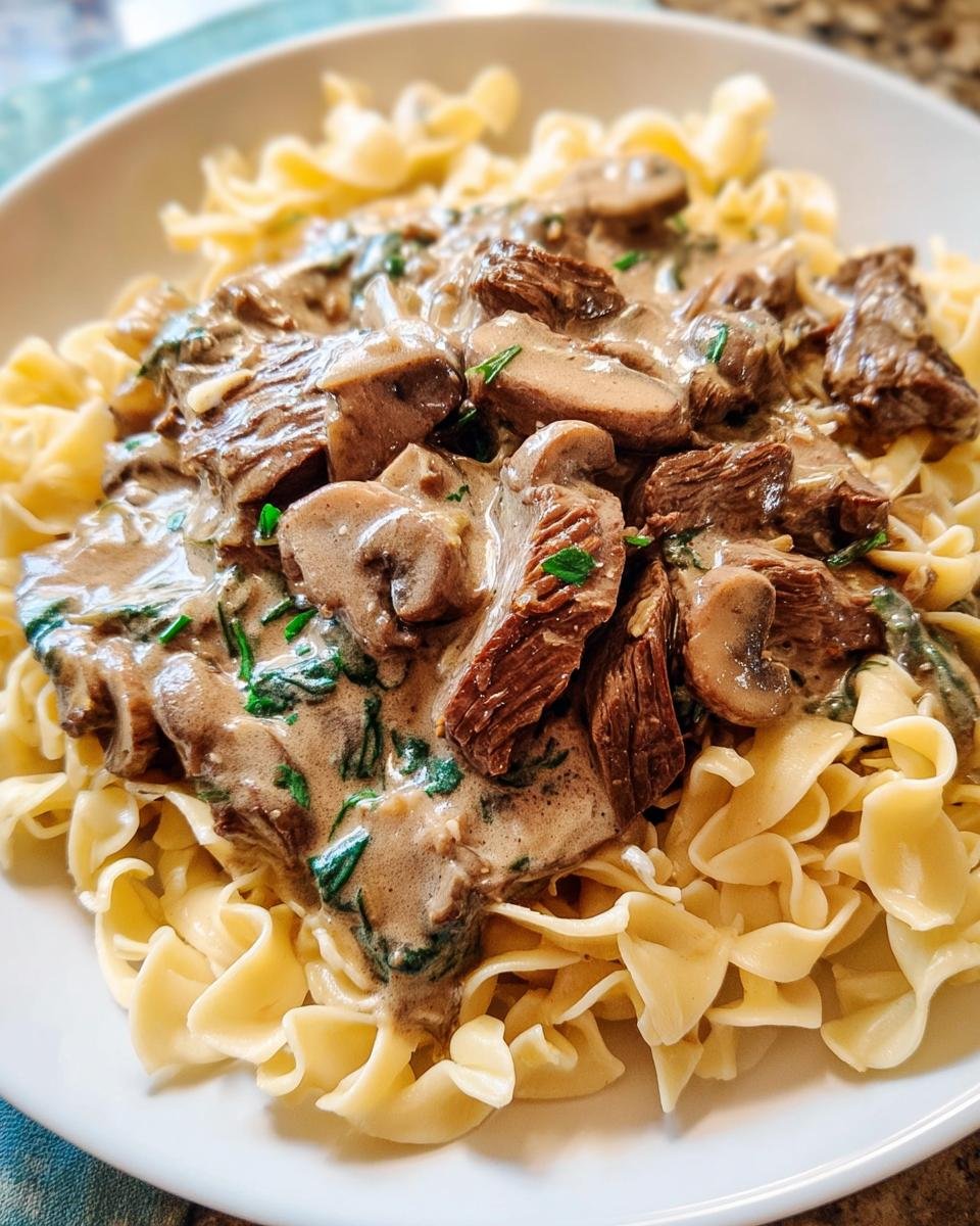 Close-up of leftover prime rib in a creamy mushroom sauce served over egg noodles, a great way to use leftovers.