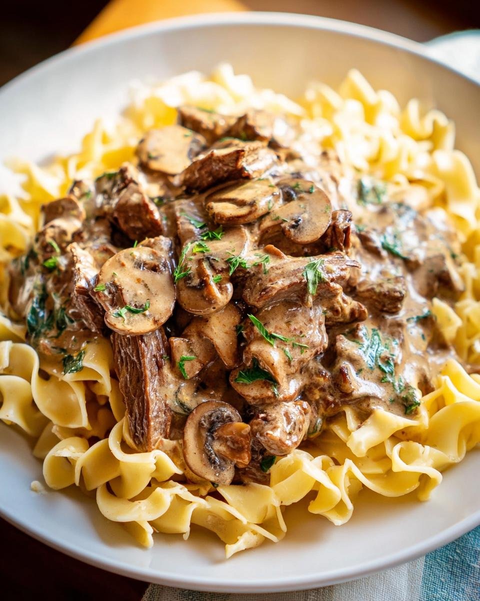 Leftover Prime Rib Stroganoff with mushrooms in a creamy sauce served over egg noodles.