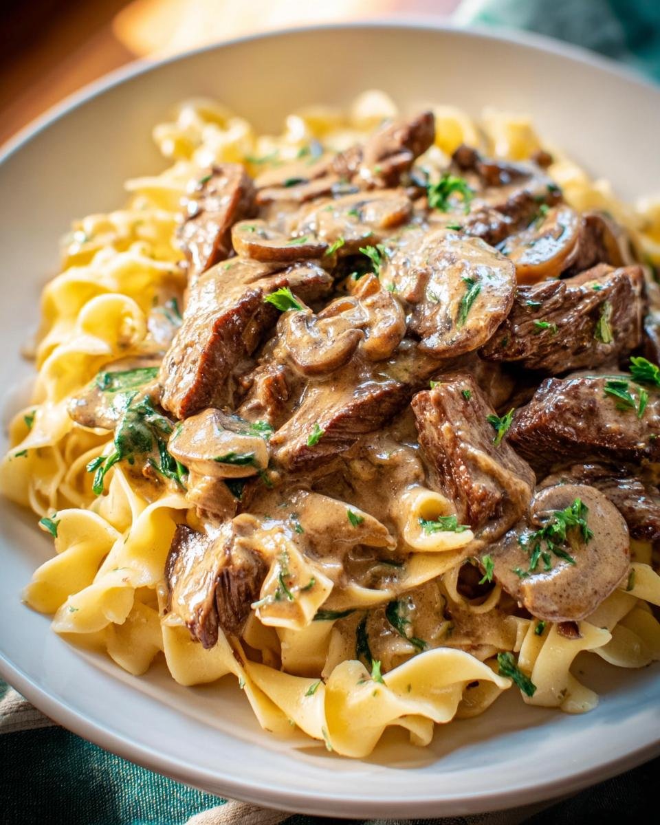 Hearty Prime Rib Stroganoff made with leftover prime rib, mushrooms, and cream sauce over egg noodles.
