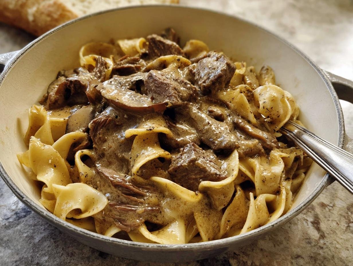 Close-up of a bowl of creamy stroganoff made with leftover prime rib and wide egg noodles.