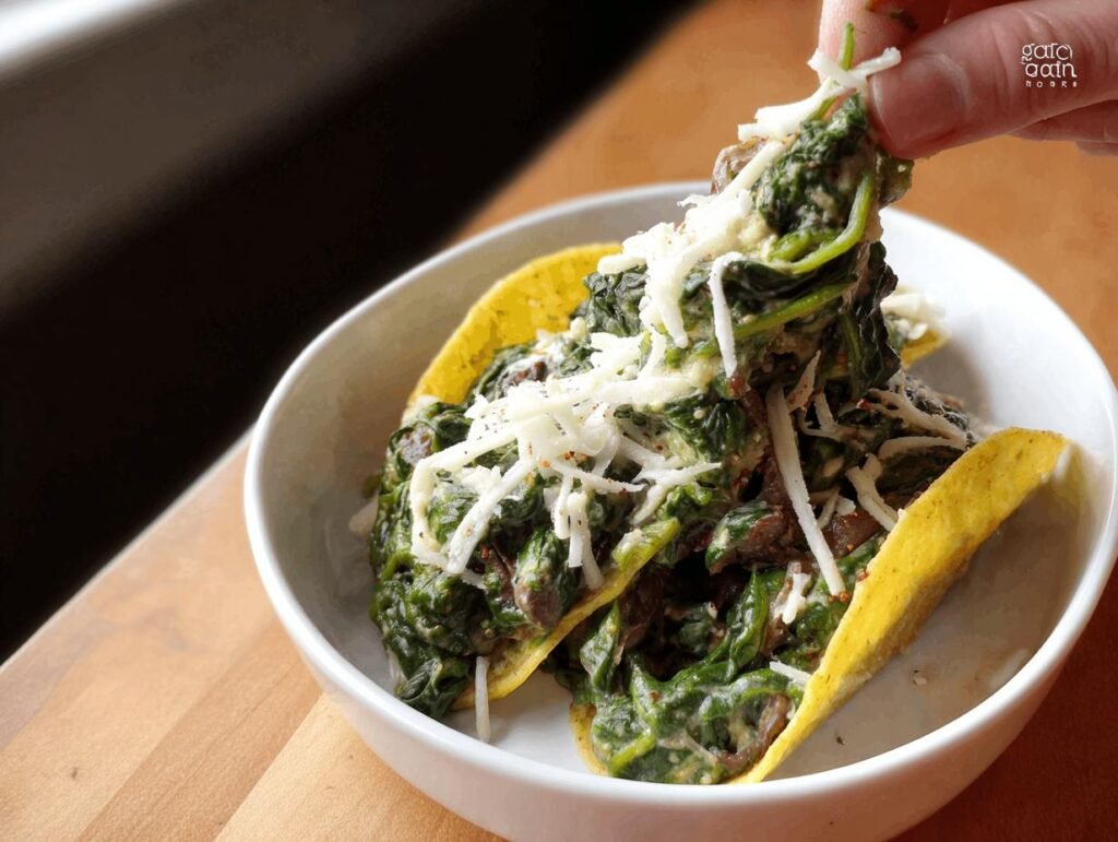 A hand adding shredded cheese to tacos filled with creamy spinach and pieces of leftover prime rib.