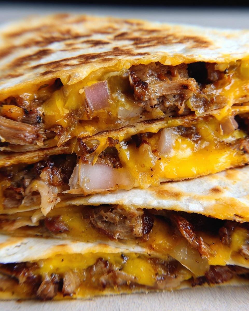 Close-up of stacked quesadillas filled with shredded leftover ribs, melted cheddar cheese, and red onion.