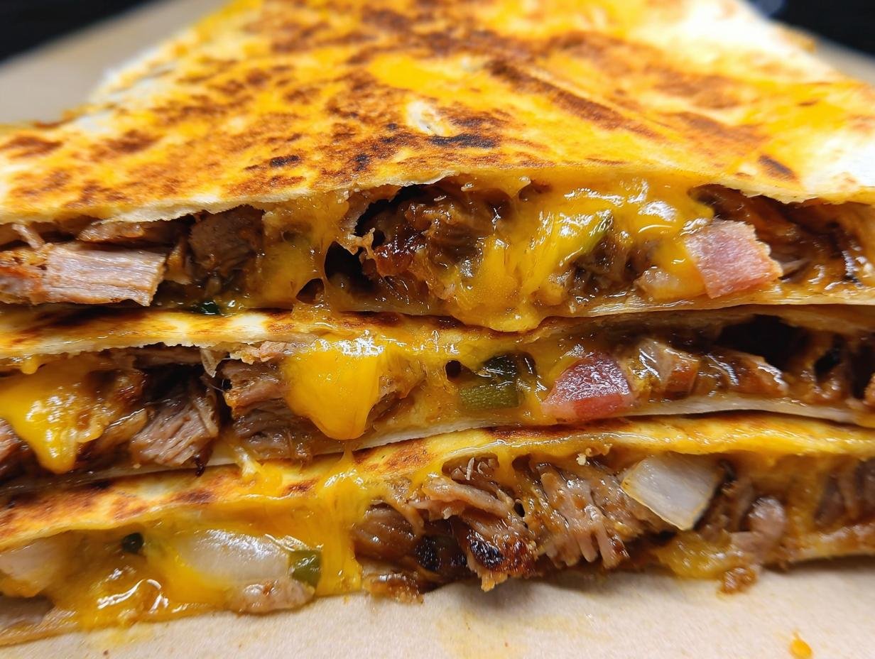 Close-up of a stacked quesadilla filled with shredded meat and melted cheddar cheese, perfect for leftover ribs recipes.