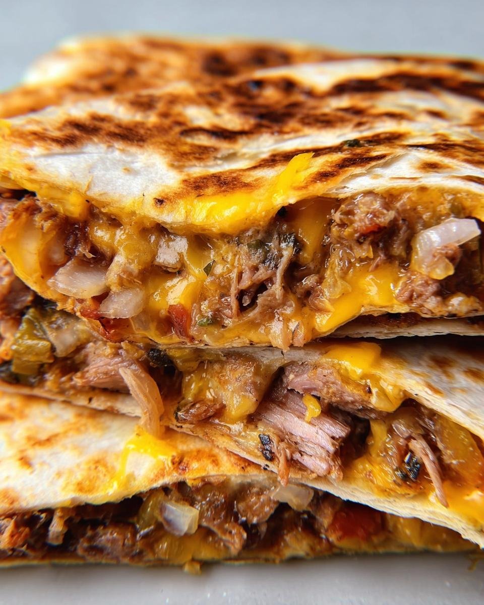 Close-up of stacked quesadillas filled with shredded meat (leftover ribs) and melted cheddar cheese.