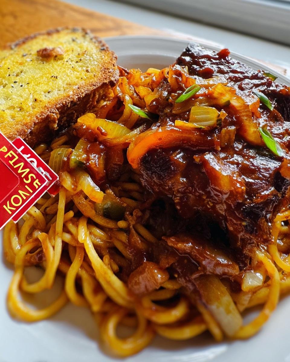 A plate featuring leftover ribs coated in sauce served over noodles with onions, alongside a slice of garlic bread.