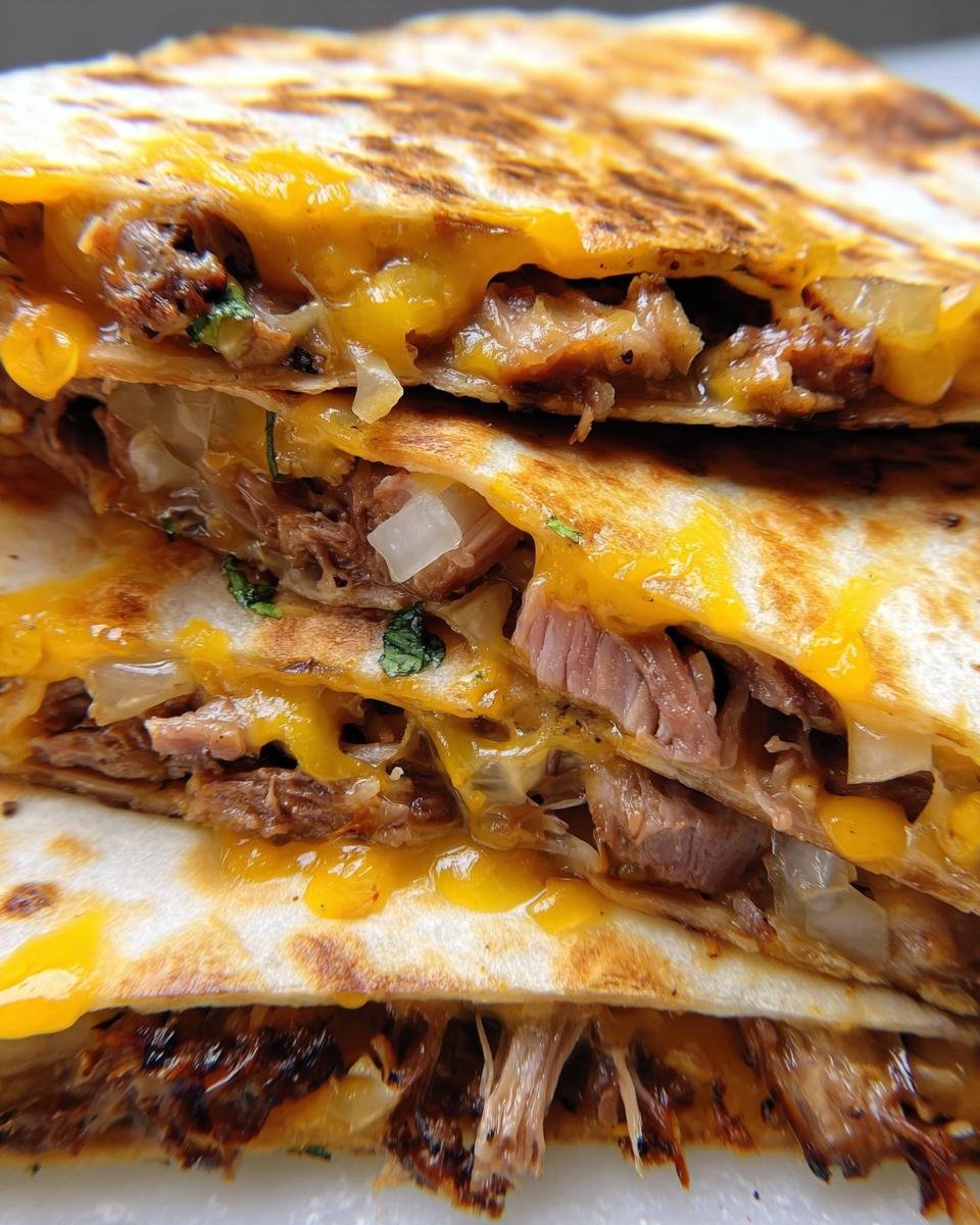 Close-up of a stacked quesadilla filled with shredded meat, onions, and melted cheddar cheese, perfect for leftover ribs recipes.
