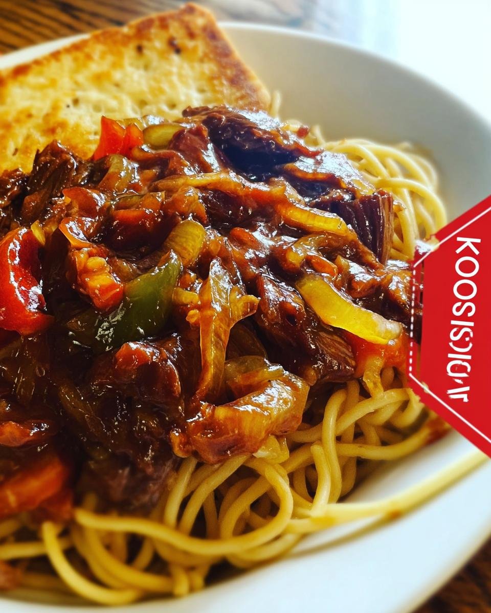 Close-up of shredded meat stir-fry, likely made from leftover ribs, served over noodles with peppers and onions, alongside toast.
