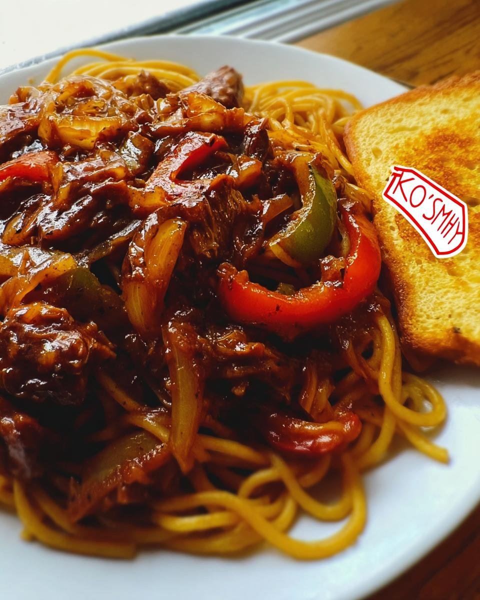 Spaghetti topped with a rich, dark sauce containing shredded meat and sliced peppers, served with toast, a creative way to use Best Leftover Ribs Recipes.