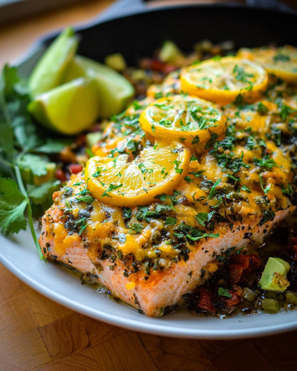 Close-up of a baked salmon fillet topped with herbs, melted cheese, and lemon slices, served with lime wedges.