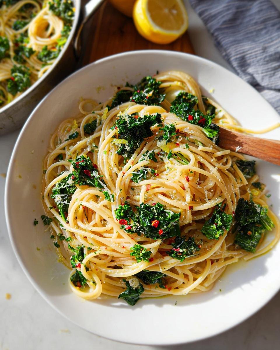 A bowl of lemon and kale spaghetti, a perfect example of Easy Weeknight Dinners That Even the Kids Will Eat.