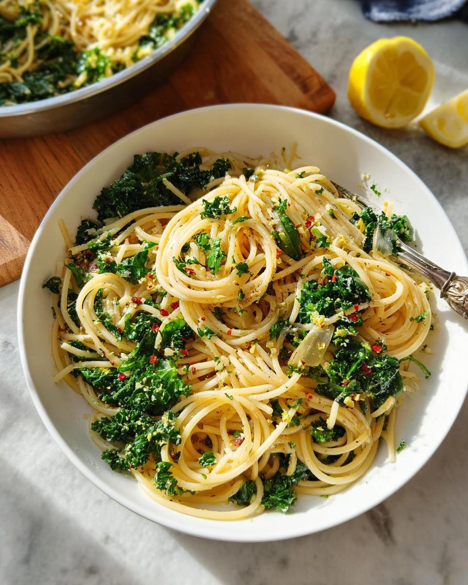 A bowl of lemon kale spaghetti, one of the Easy Weeknight Dinners Kids Eat, with fresh lemon slices nearby.