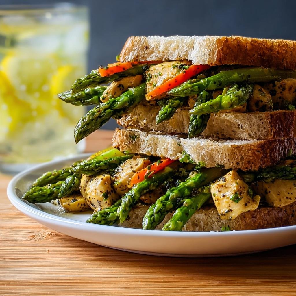Stacked sandwich featuring chicken, bright green asparagus, and red peppers, perfect for Light & Fresh Lunch Ideas.