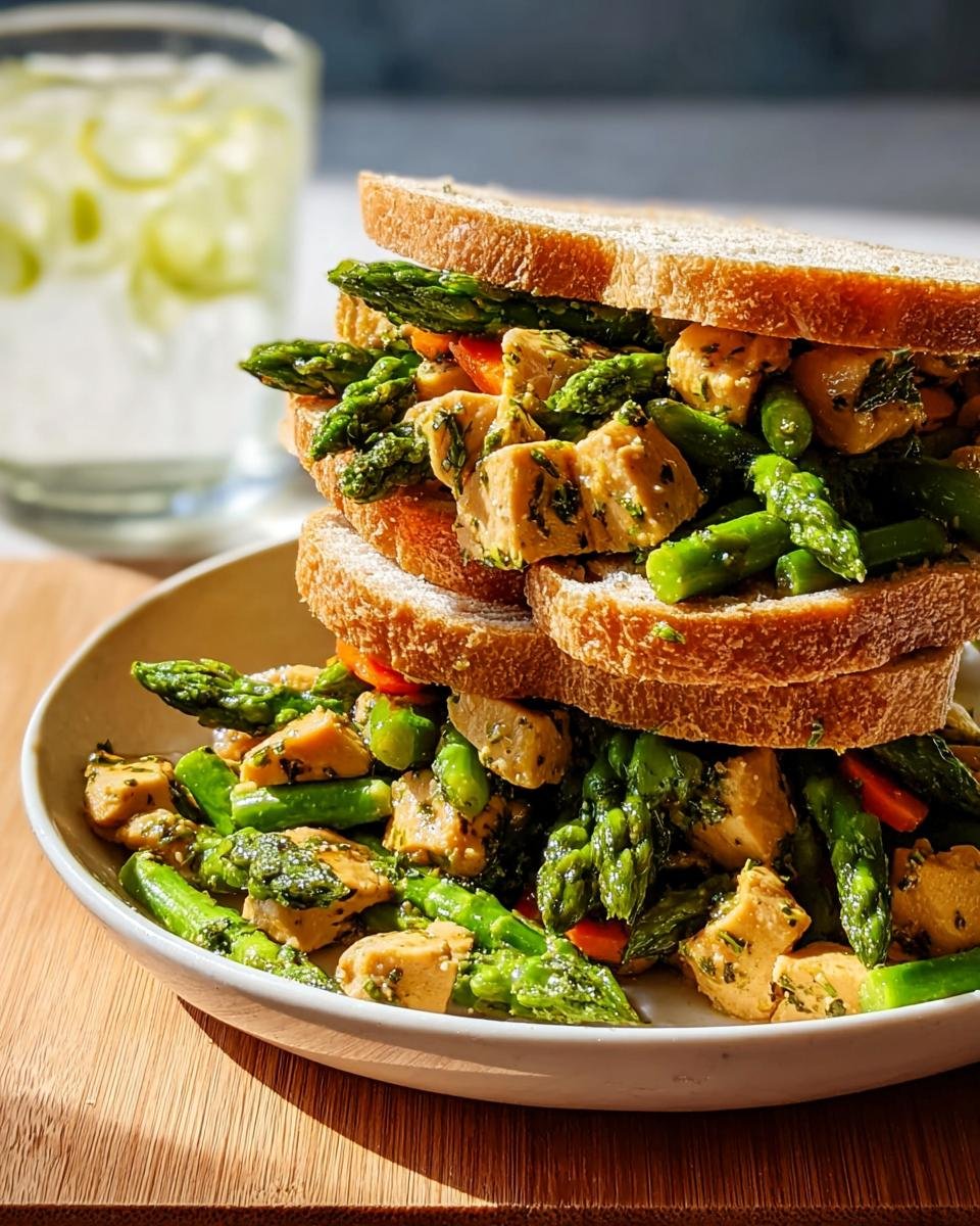 A tall stack of a sandwich filled with bright green asparagus and seasoned tofu cubes, perfect for light & fresh lunch ideas.