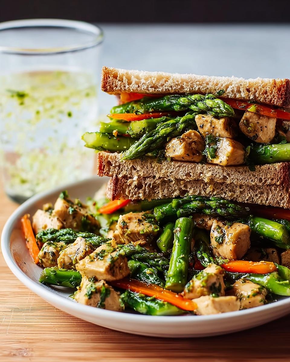 A hearty sandwich featuring chicken, bright green asparagus, and carrots on whole grain bread, perfect for Light & Fresh Lunch Ideas.