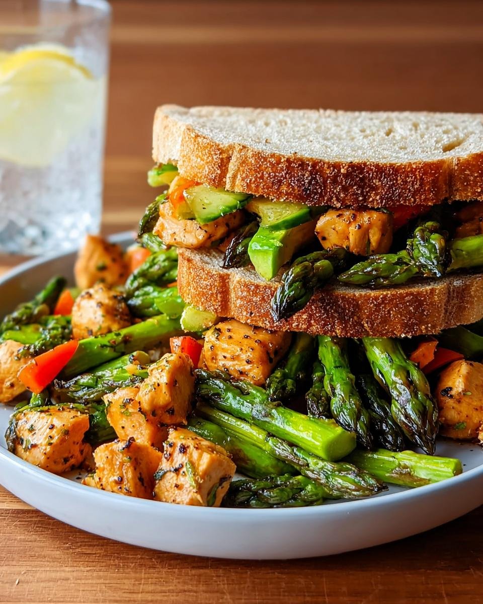 A stacked sandwich featuring grilled salmon, asparagus, and avocado on whole-grain bread, perfect for Light & Fresh Lunch Ideas.