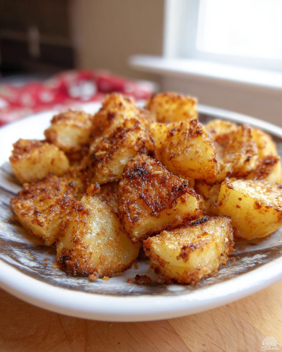 Close-up of perfectly cooked, crispy Lipton Onion Potatoes Recipe pieces piled on a decorative white plate.