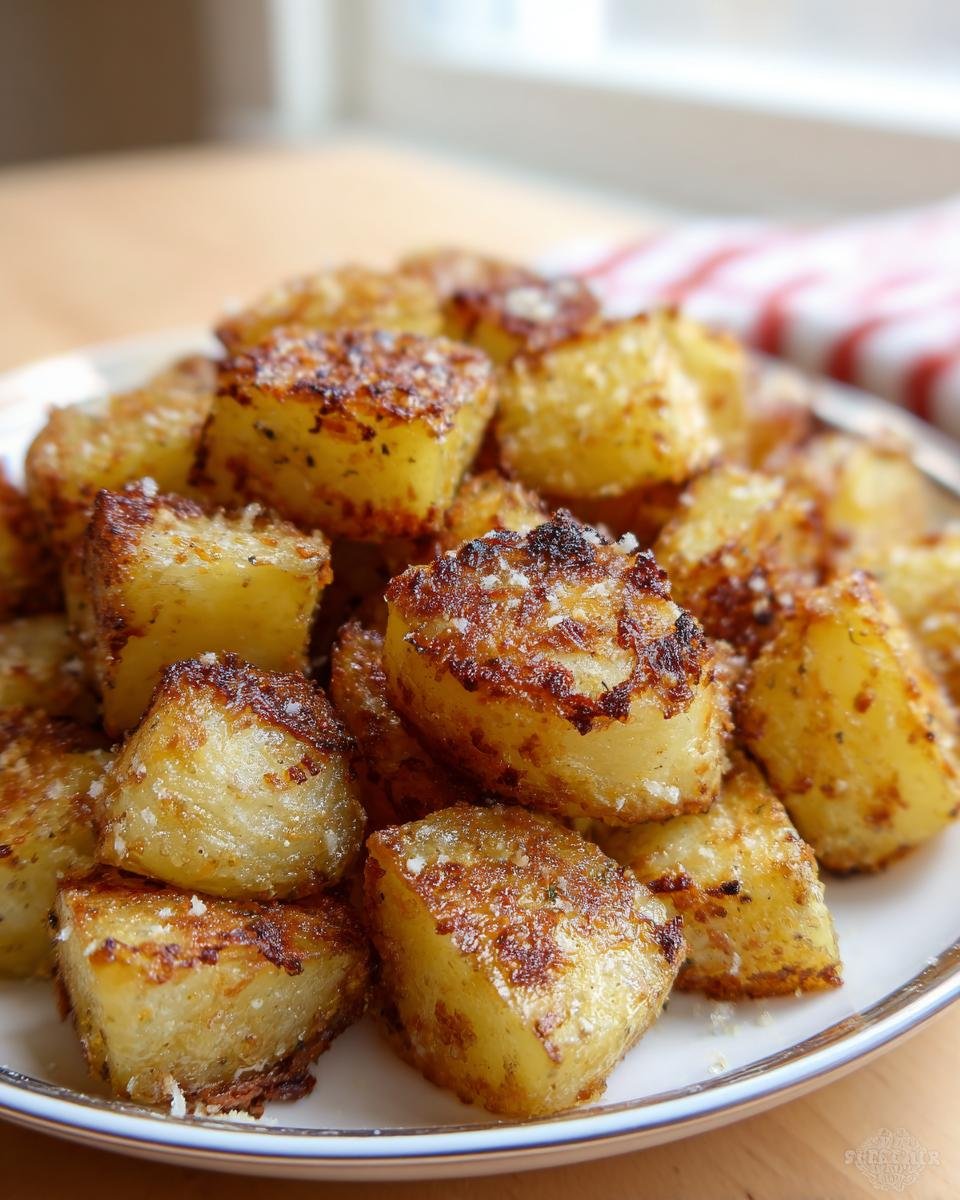 Close-up of perfectly roasted, crispy Lipton Onion Potatoes Recipe cubes sprinkled with cheese.