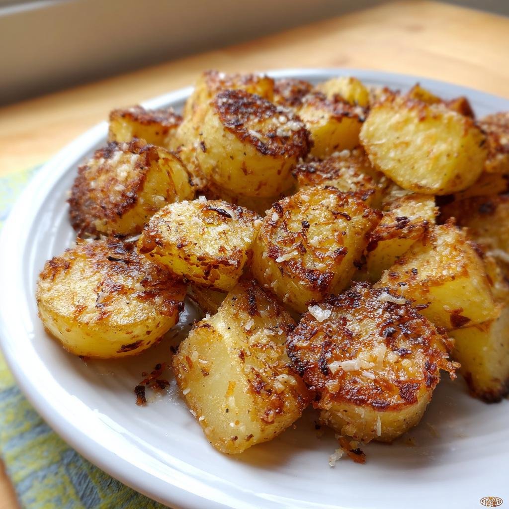 Close-up of crispy, golden-brown Lipton Onion Potatoes Recipe pieces topped with grated cheese on a white plate.