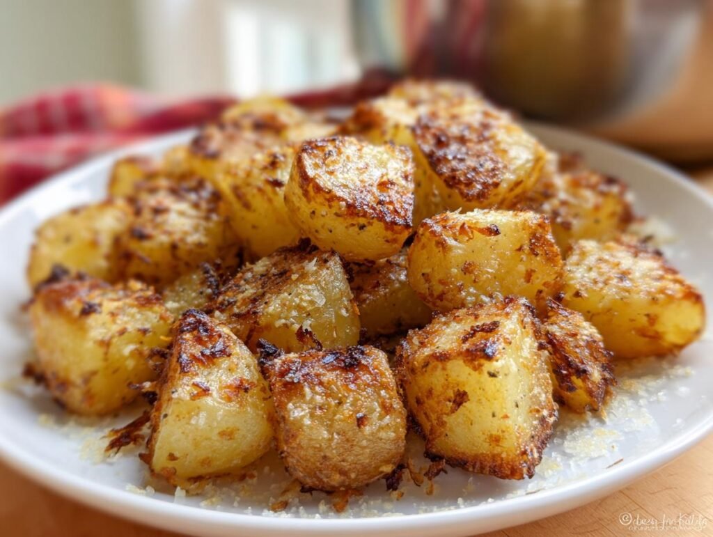 Close-up of crispy, golden roasted Lipton Onion Potatoes Recipe cubes sprinkled with cheese on a white plate.