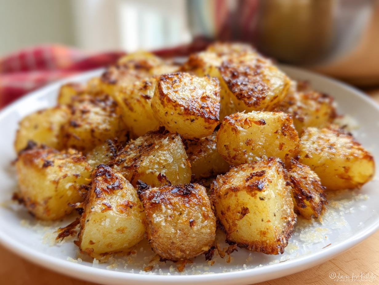 Close-up of crispy, golden roasted Lipton Onion Potatoes Recipe cubes sprinkled with cheese on a white plate.
