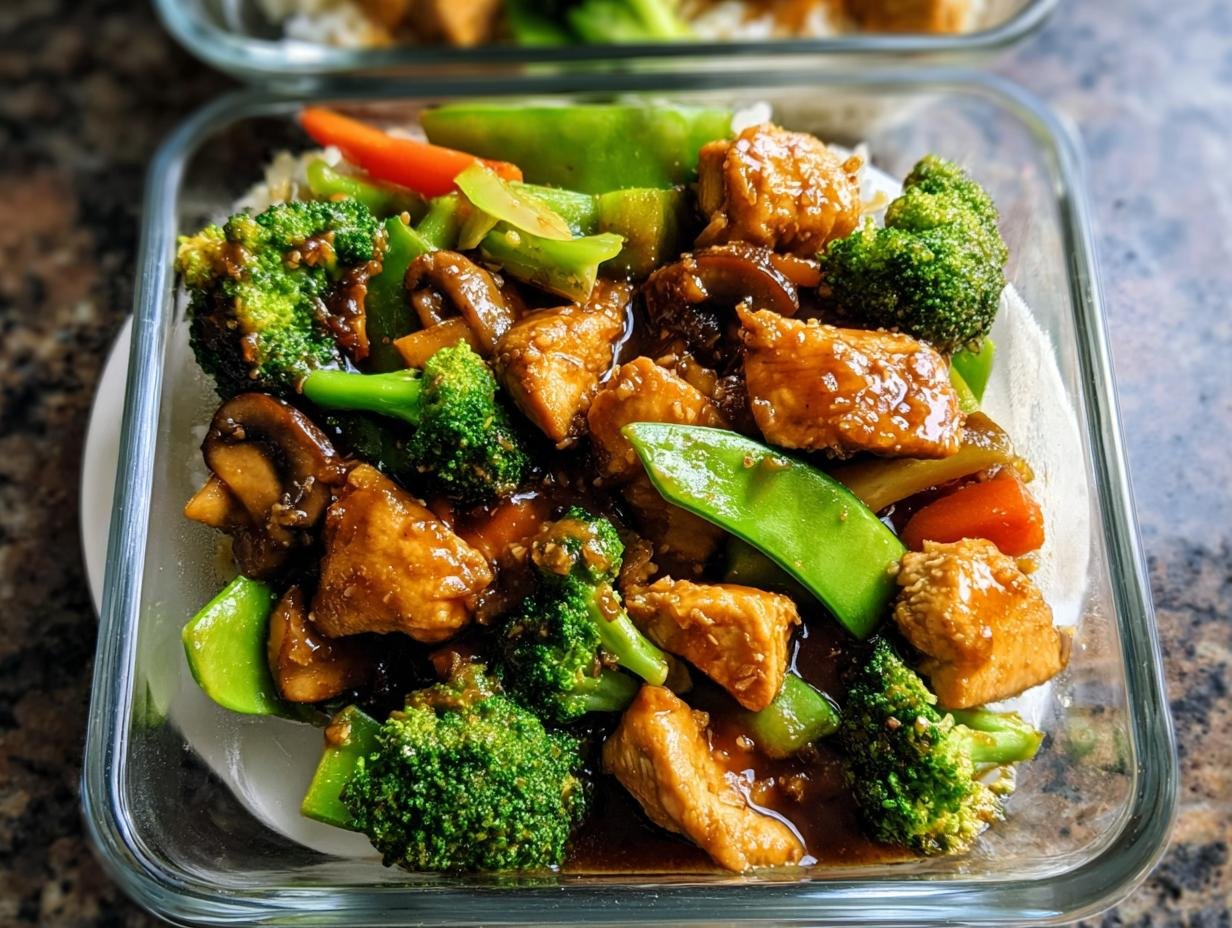 Close-up of a glass container with a healthy lunch idea: chicken and vegetable stir-fry over rice.