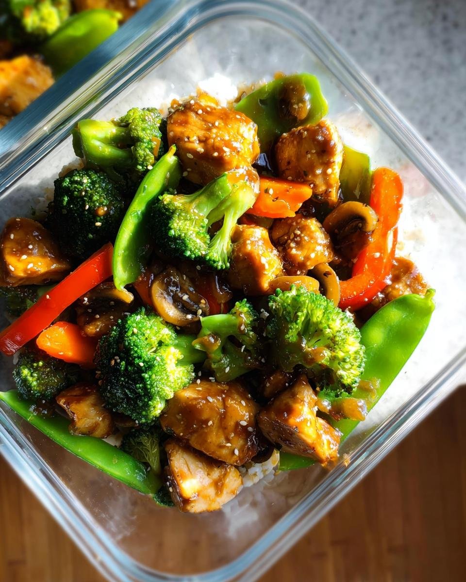 Close-up of a healthy meal prep container with chicken, broccoli, peppers, and sauce, perfect for Make-Ahead Healthy Lunch & Dinner Ideas.