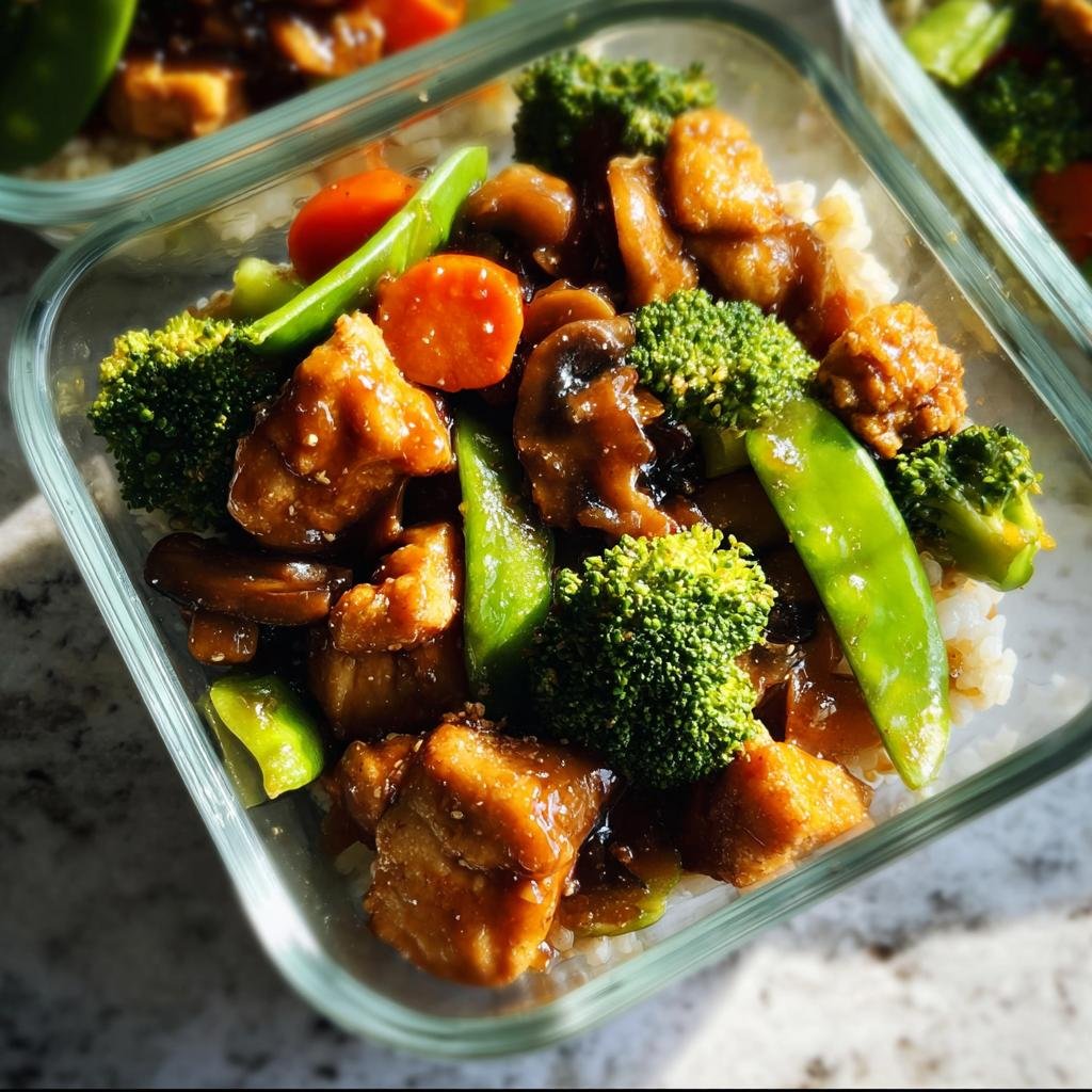 Close-up of a healthy make-ahead lunch idea featuring chicken or tofu stir-fry with broccoli, snap peas, and mushrooms over rice in a glass container.