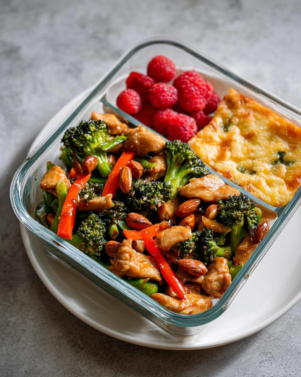 Glass container showing a balanced meal prep with chicken and broccoli stir-fry, raspberries, and a slice of frittata.