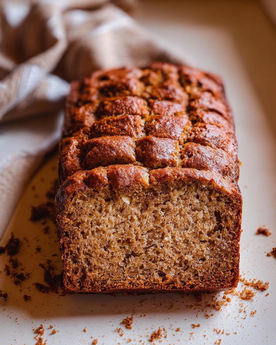 Close-up of a moist banana bread recipe loaf, showing the rich brown crumb texture and cracked top.