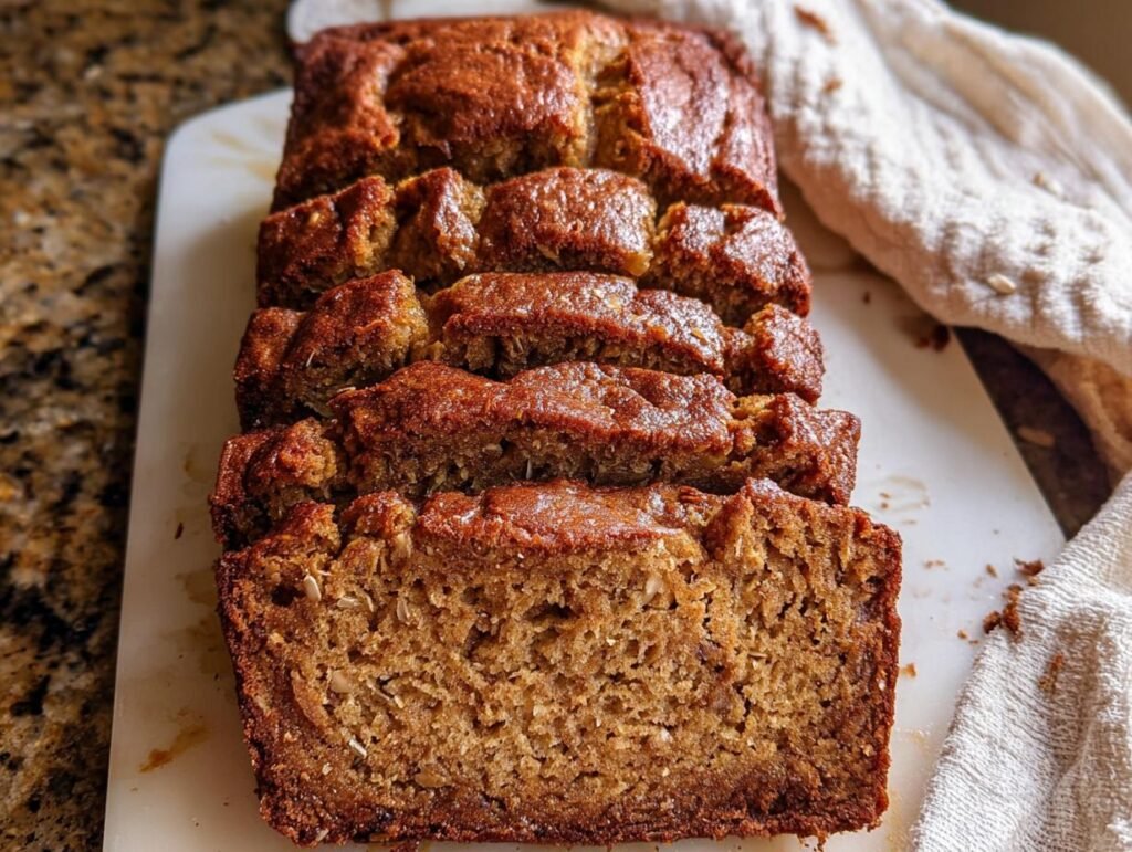 A moist banana bread recipe loaf, sliced and showing its rich brown crumb texture.