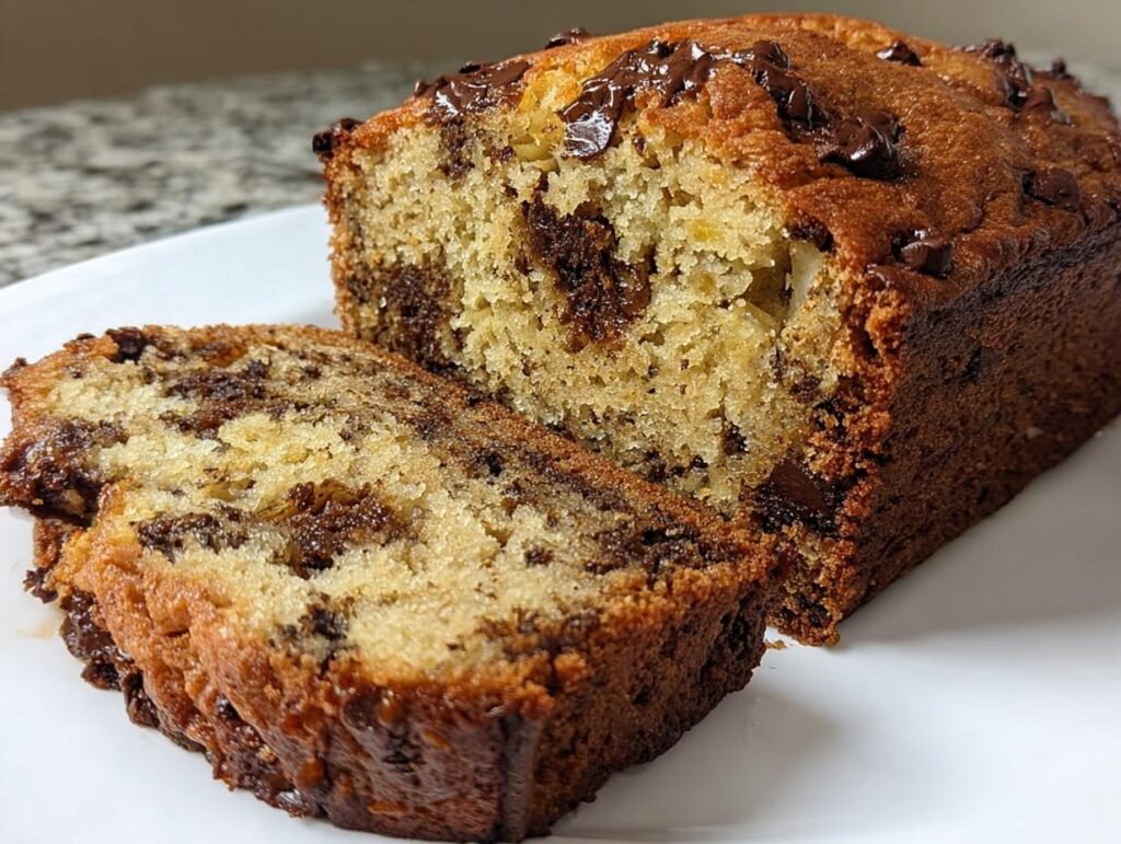 A loaf of chocolate chip banana bread, sliced to show the moist interior and melted chocolate chips.