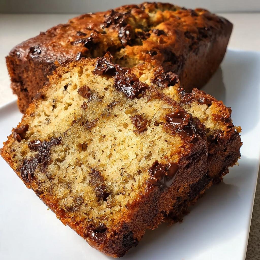 Close-up of two slices of moist chocolate chip banana bread recipe, showing the soft texture and melted chocolate chips.