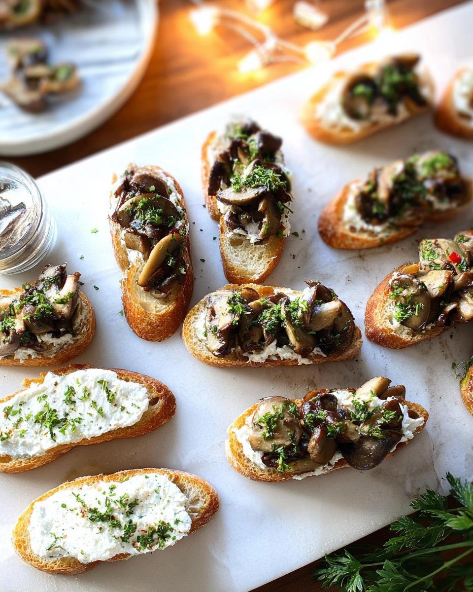 Several slices of mushroom crostini, a perfect appetizer for New Year’s Eve Party Foods, displayed on a white platter.