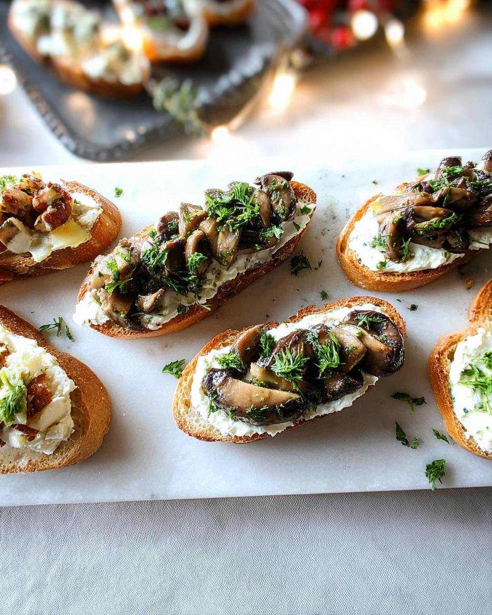 Several mushroom crostini appetizers topped with creamy cheese and fresh herbs, perfect for New Year’s Eve Party Foods.