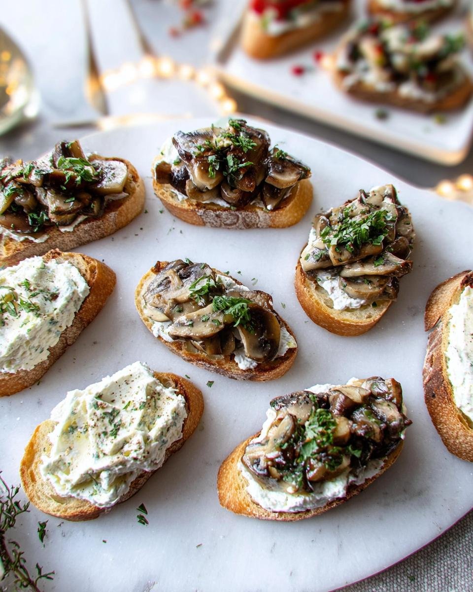 Assortment of mushroom crostini and cheese toasts, perfect New Year’s Eve party foods, on a white platter.