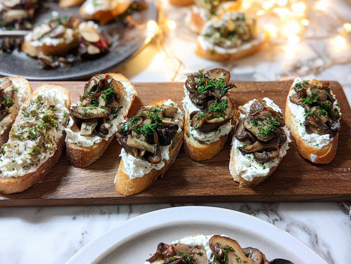 Several slices of mushroom crostini topped with creamy cheese, perfect for New Year’s Eve Party Foods.