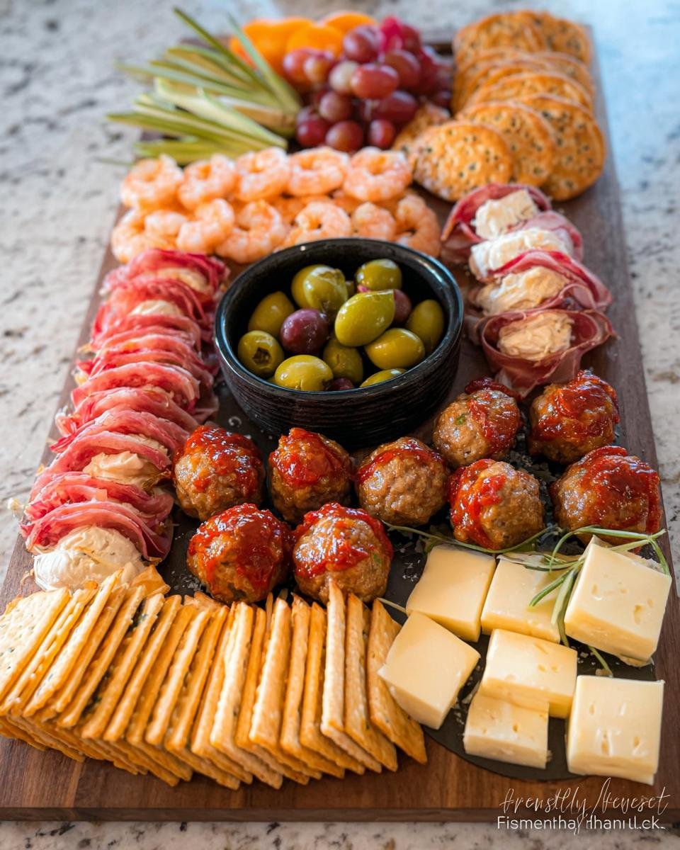 A large wooden board filled with various New Year's Eve appetizers including meatballs, shrimp, cheese, crackers, and olives.