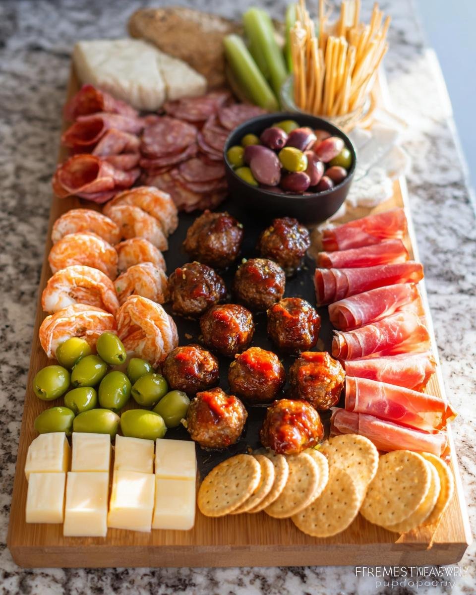 A large wooden board filled with various New Year's Eve appetizers including meatballs, shrimp, cured meats, cheese, and olives.