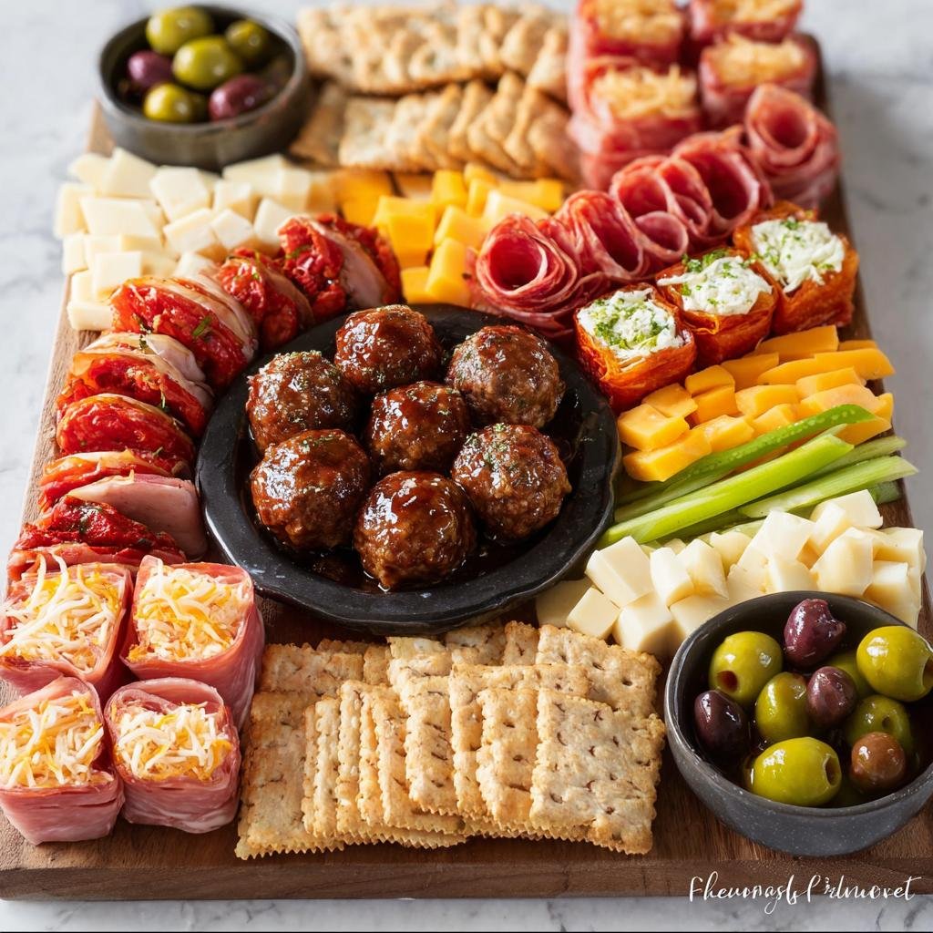 A large wooden board filled with various New Year's Eve appetizers including glazed meatballs, cheeses, crackers, and olives.