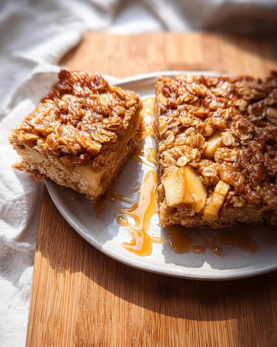 Two squares of Oatmeal Apple Breakfast Bake topped with oats and drizzled with syrup on a plate.