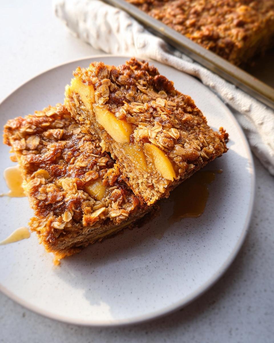 Two squares of Oatmeal Apple Breakfast Bake topped with oats and filled with baked apples, drizzled with syrup.