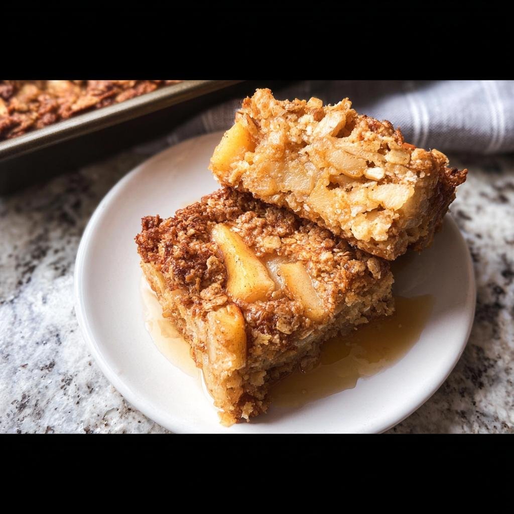 Two squares of Oatmeal Apple Breakfast Bake drizzled with syrup on a white plate.