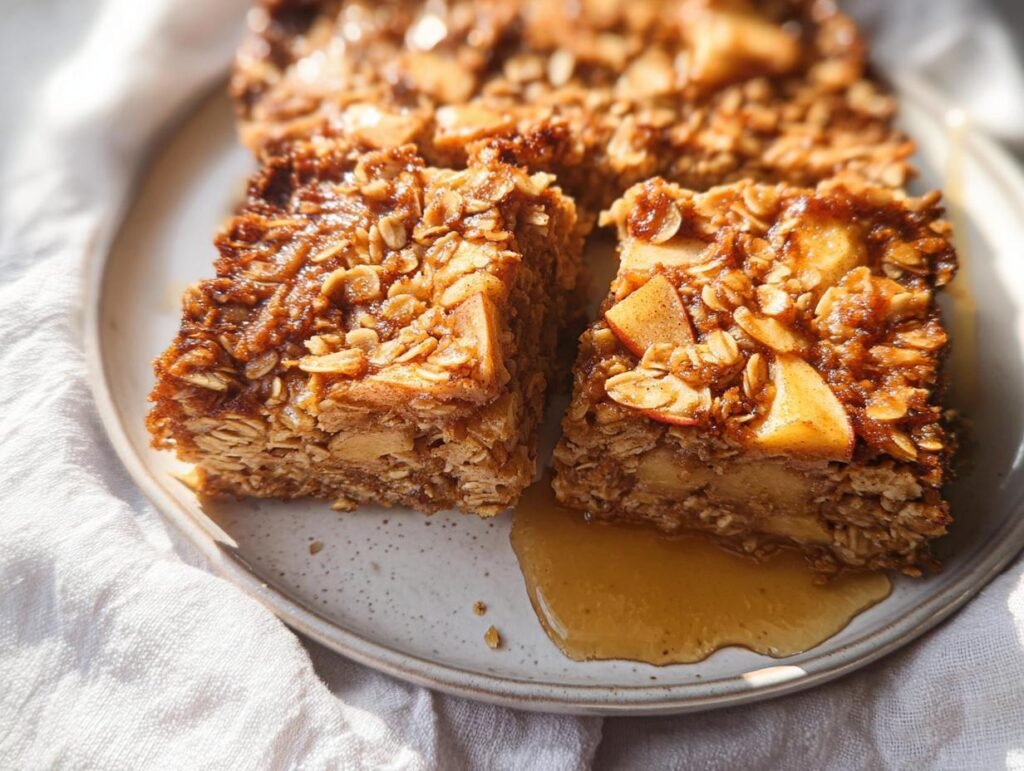 Two squares of warm Oatmeal Apple Breakfast Bake with visible oats and apple slices, drizzled with syrup.