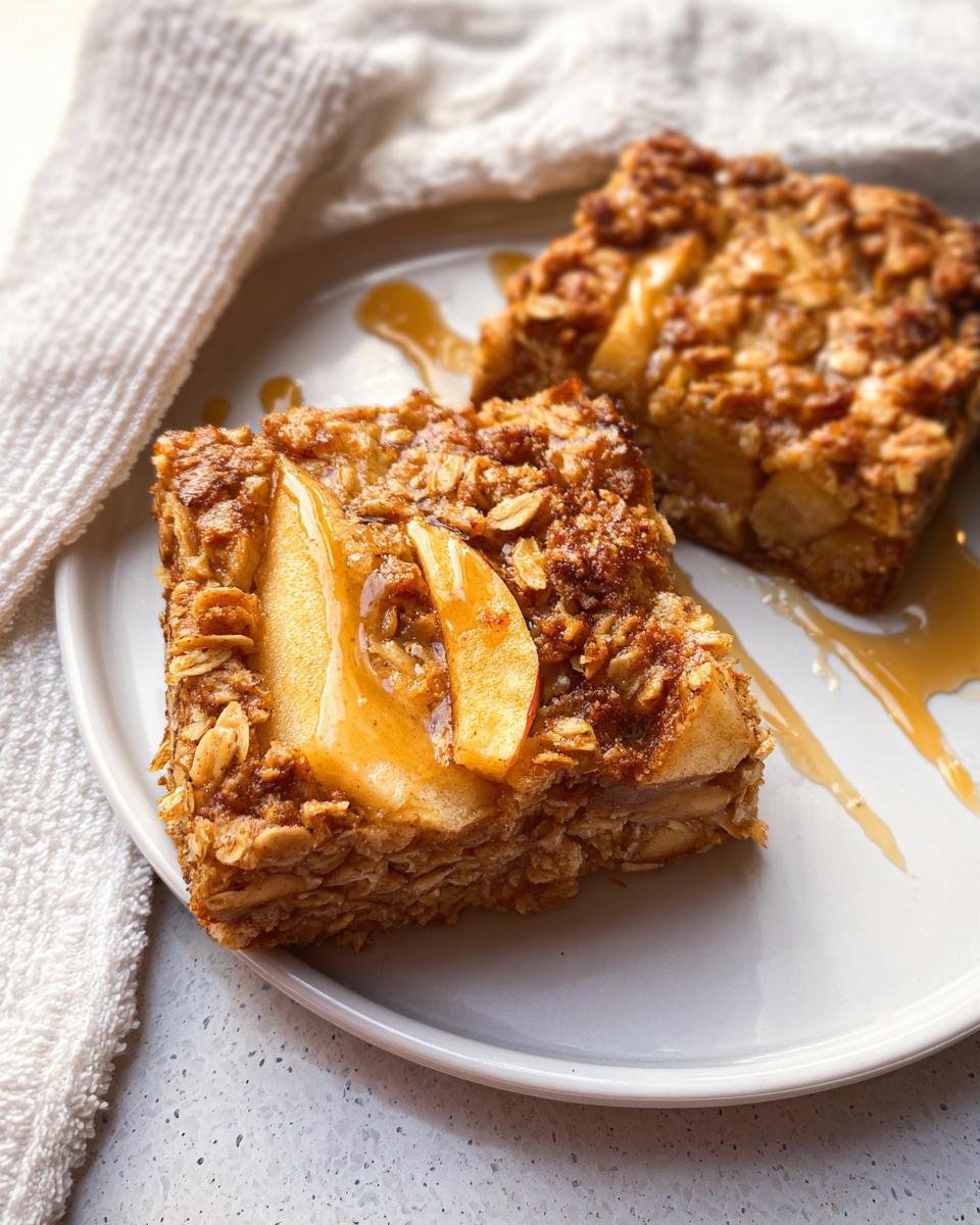 Two squares of Oatmeal Apple Breakfast Bake topped with caramelized apple slices and drizzled with syrup.