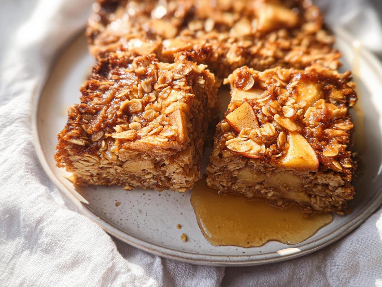 Two squares of warm Oatmeal Apple Breakfast Bake with visible oats and apple slices, drizzled with syrup.