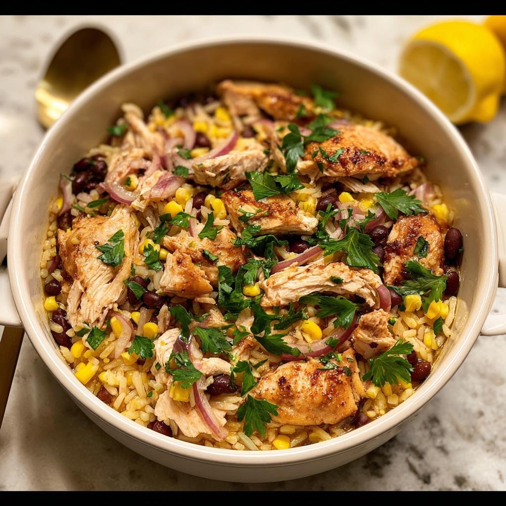 Close-up of a one-pan dish featuring seasoned chicken, rice, black beans, corn, and red onion, perfect for Healthy One-Pan Recipes.