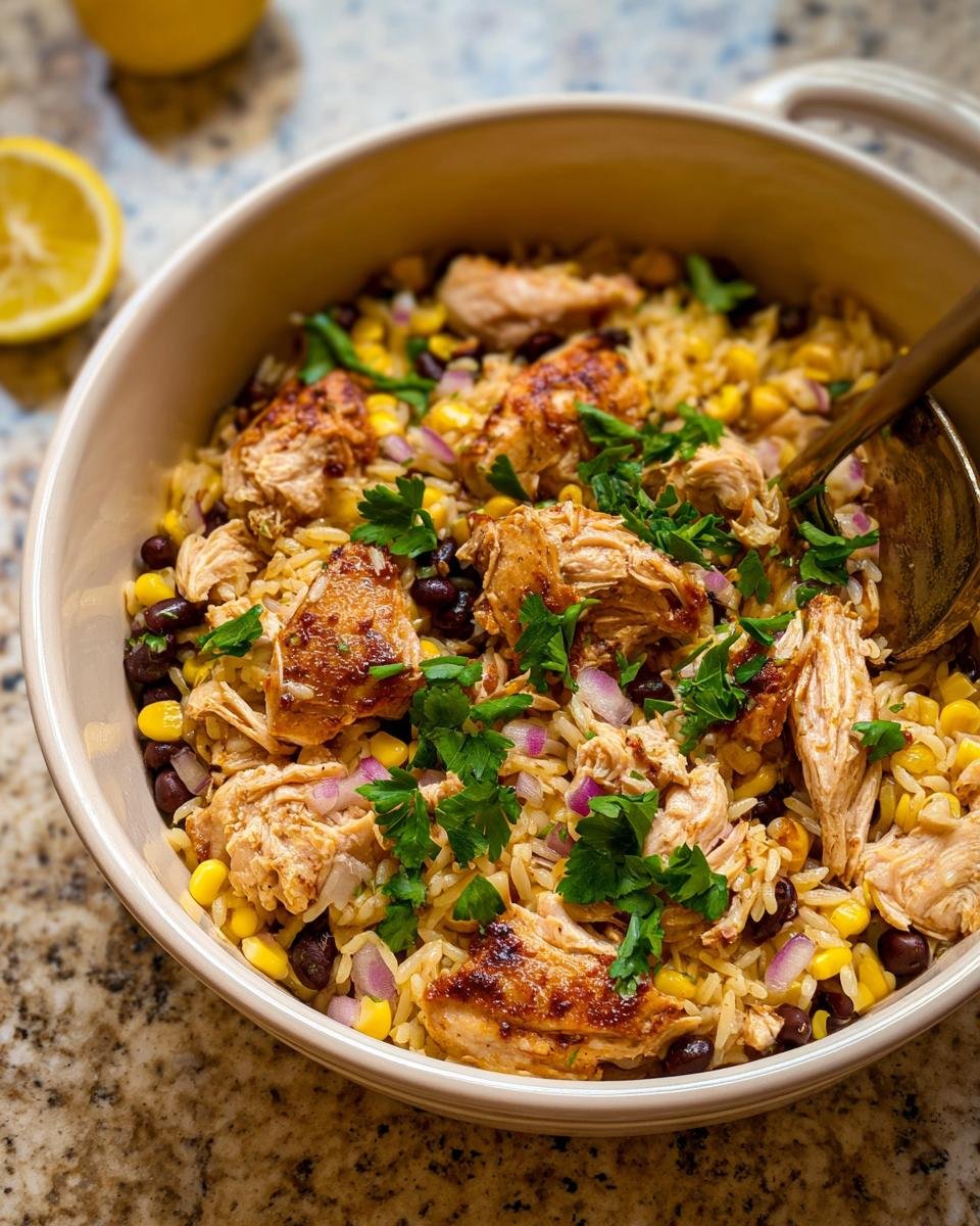Close-up of a bowl of shredded chicken, rice, black beans, and corn, perfect for Healthy One-Pan Recipes.