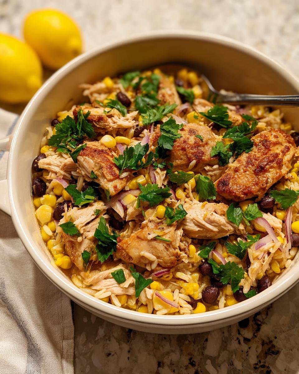 Close-up of a bowl containing a Healthy One-Pan Recipes for Simple Clean Eating dish with shredded chicken, rice, corn, and black beans.